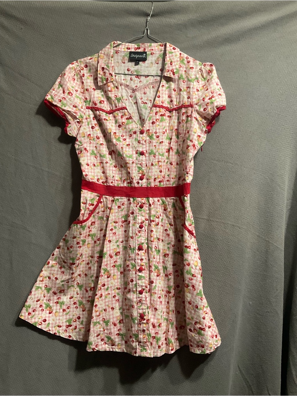 Sourpuss Pink Cherry-Print Fit & Flare Mini Dress with Red Trim